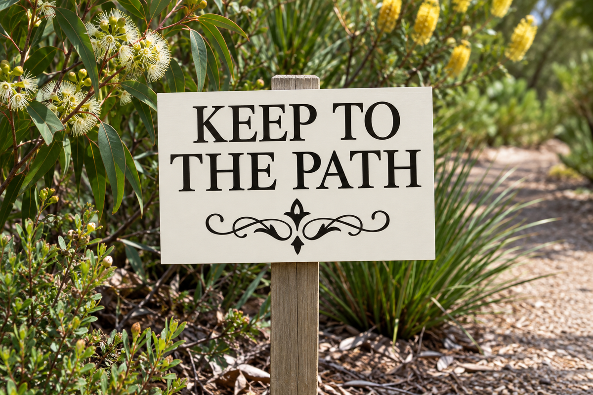 Stake beside garden path with native plants