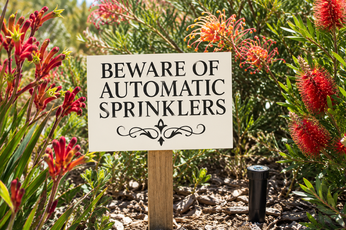 Stake in Australian native garden with sprinkler