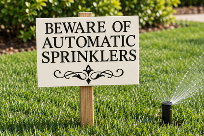Stake mounted on lawn near sprinkler