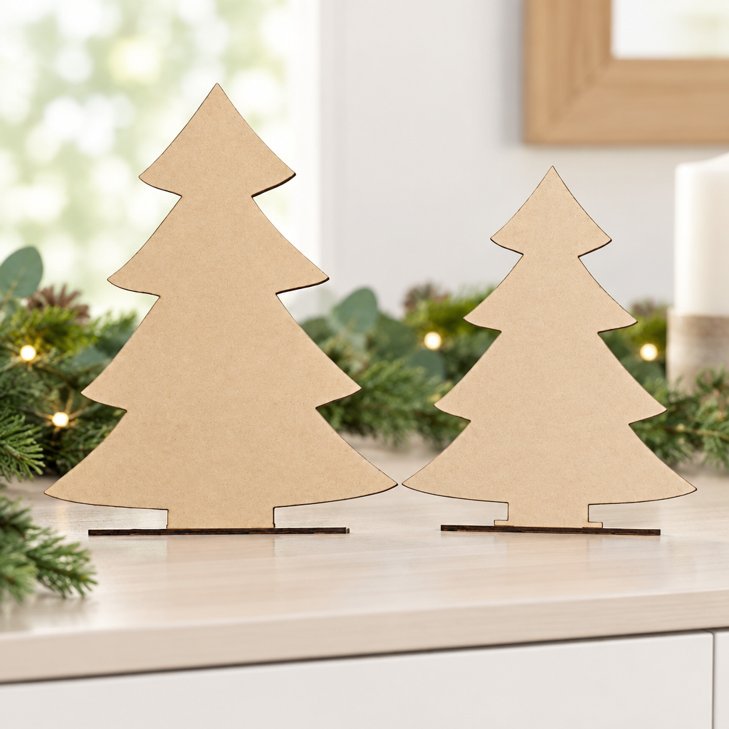 Standing pine-tree MDF pair in a modern festive display