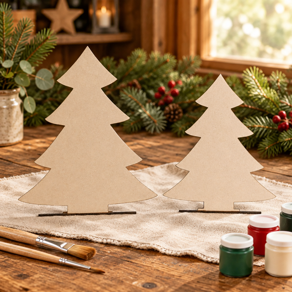 Standing pine-tree MDF pair on a rustic Christmas craft table