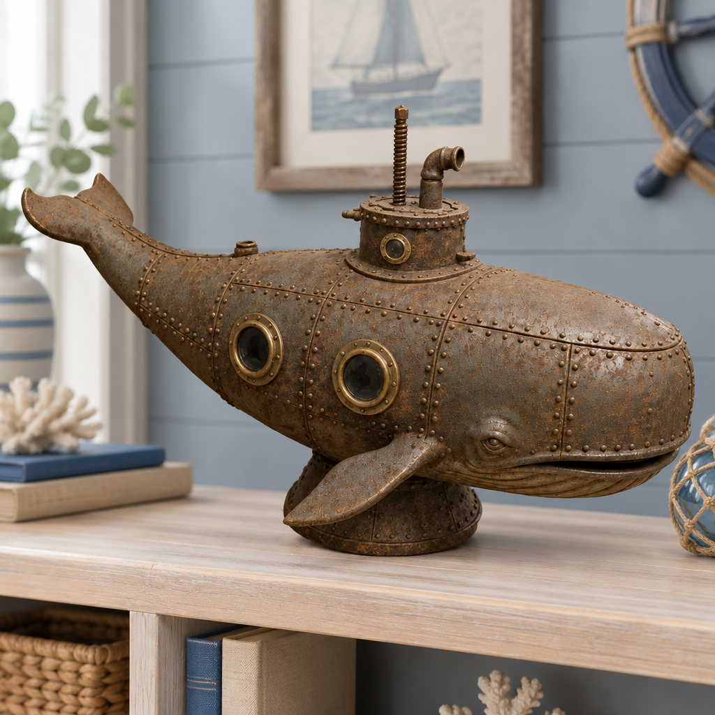 Steampunk whale sculpture on a nautical display shelf