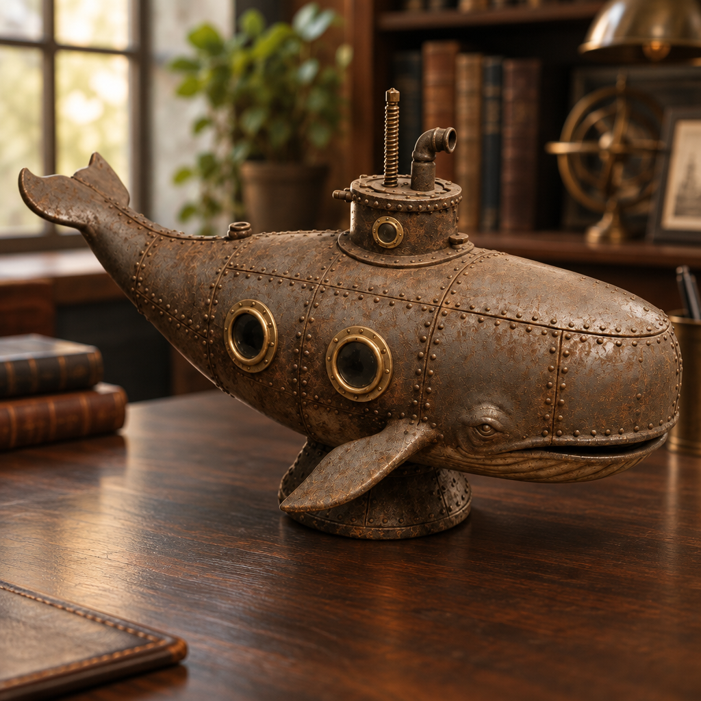 Steampunk whale sculpture on an industrial-style desk