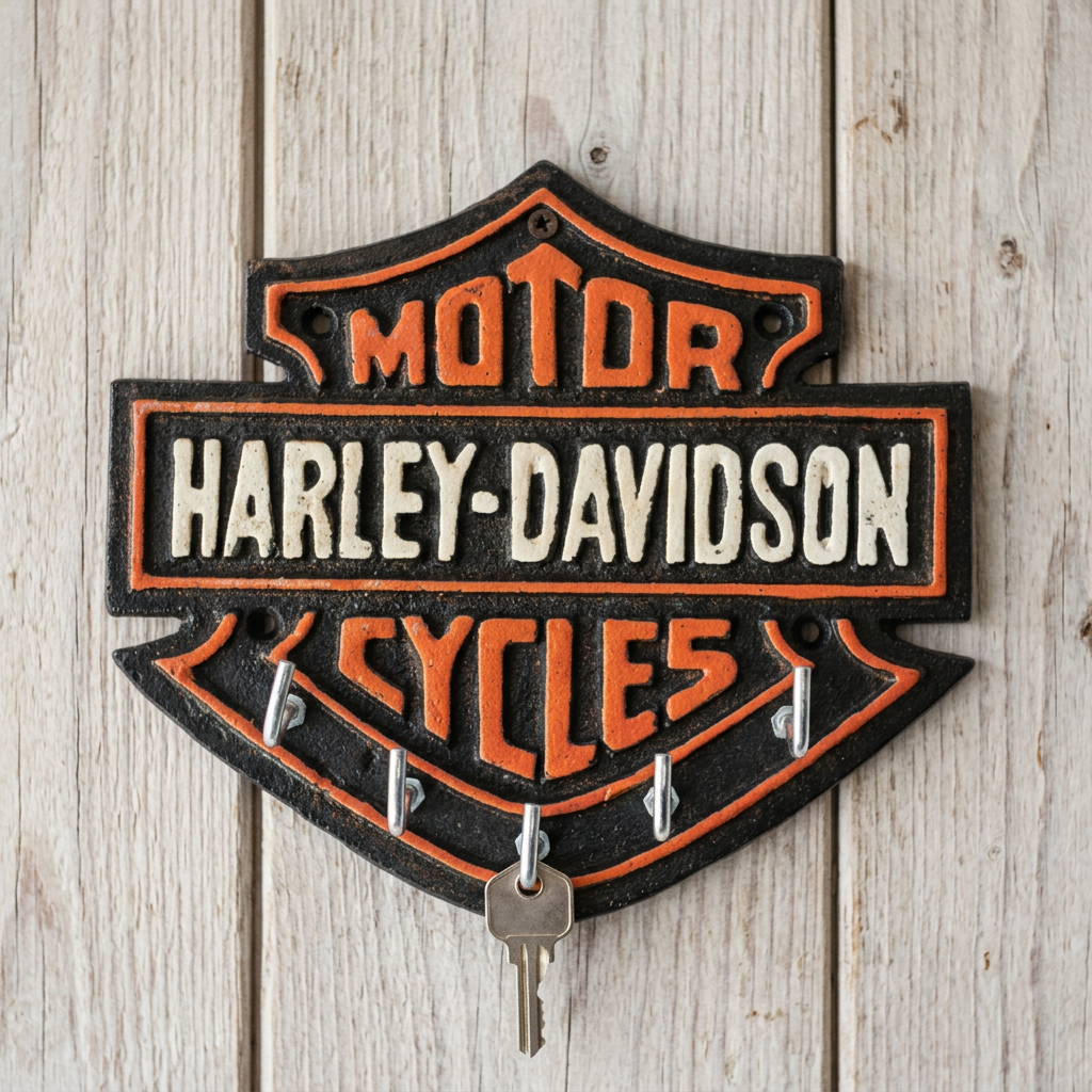 Straight-on close-up of the compact Harley-Davidson cast iron key rack