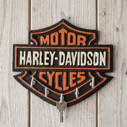 Straight-on close-up of the compact Harley-Davidson cast iron key rack