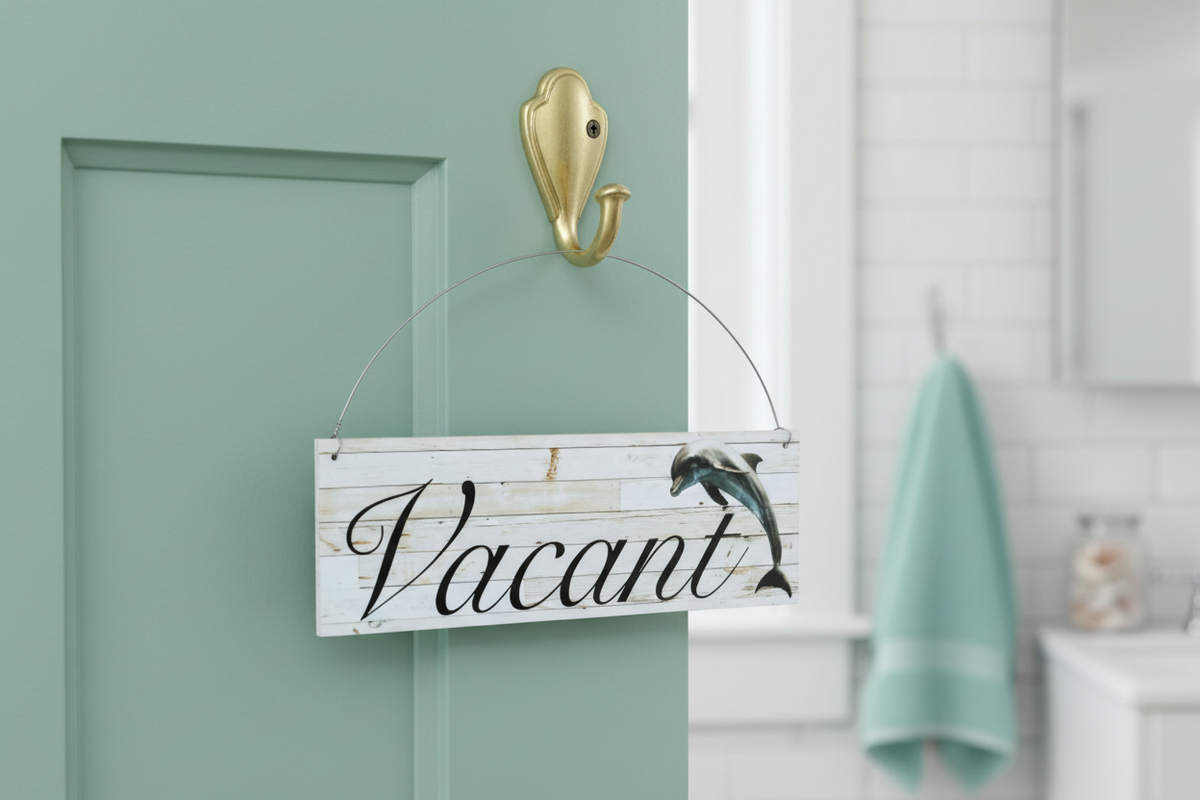 Straight-on dolphin bathroom sign on a screw