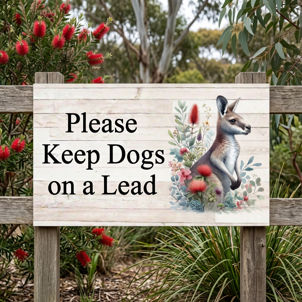 Straight-on kangaroo sign on a native garden fence