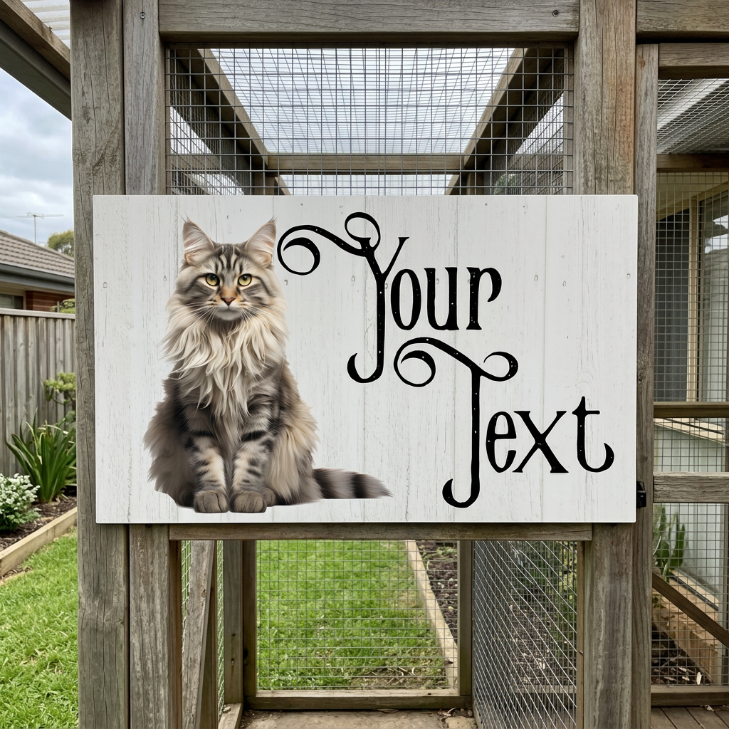 Straight-on Maine Coon Your Text plaque beside a catio door