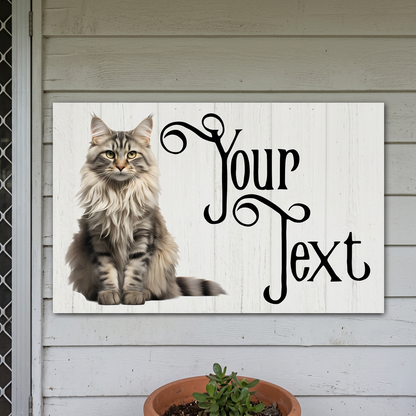 Straight-on Maine Coon Your Text plaque on a back porch