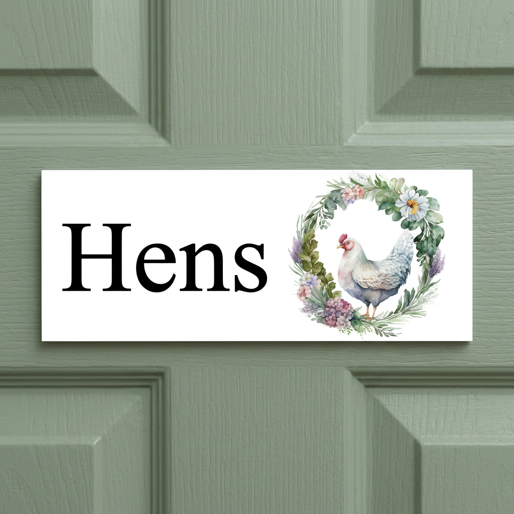 Straight-on white Hens sign on a sage door