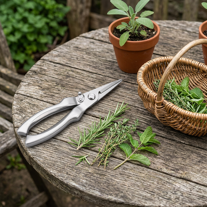 Straight pruning snips beside fresh herbs