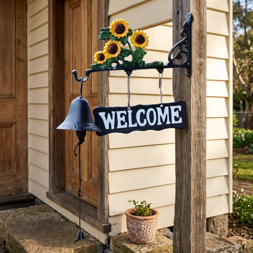 Sunflower welcome bell at a farmhouse doorway