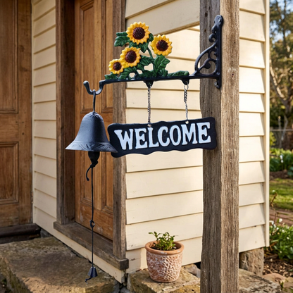 Sunflower welcome bell at a farmhouse doorway