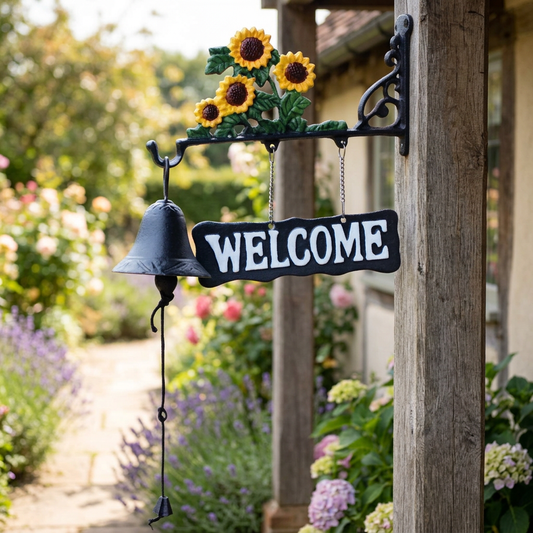 Sunflower welcome bell at a garden cottage entrance