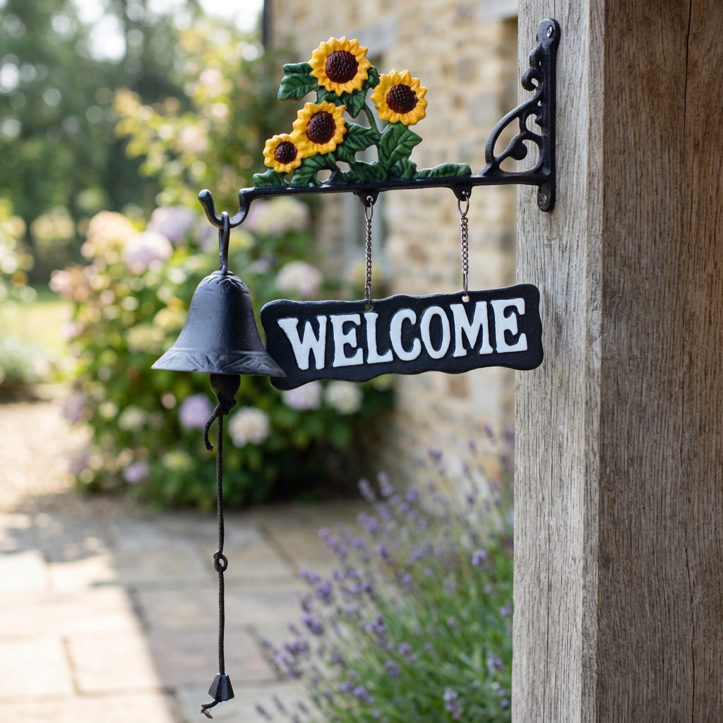 Sunflower welcome bell on a cottage porch