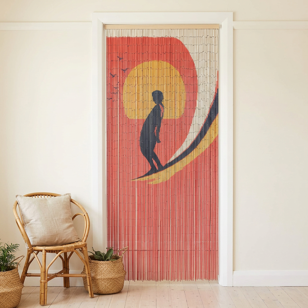 Surfer bamboo curtain in a retro beach-house doorway