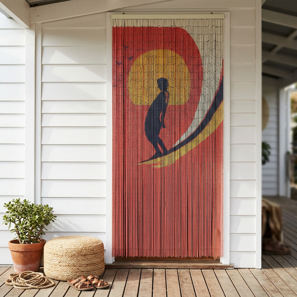 Surfer bamboo curtain on a coastal surf-shack veranda