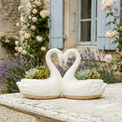 Swan planter in a French cottage garden courtyard