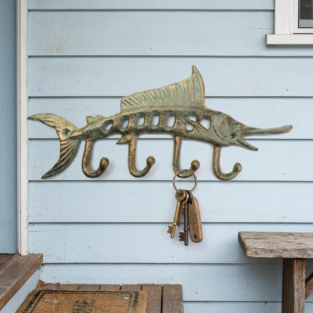 Swordfish hooks holding keys in a coastal entry