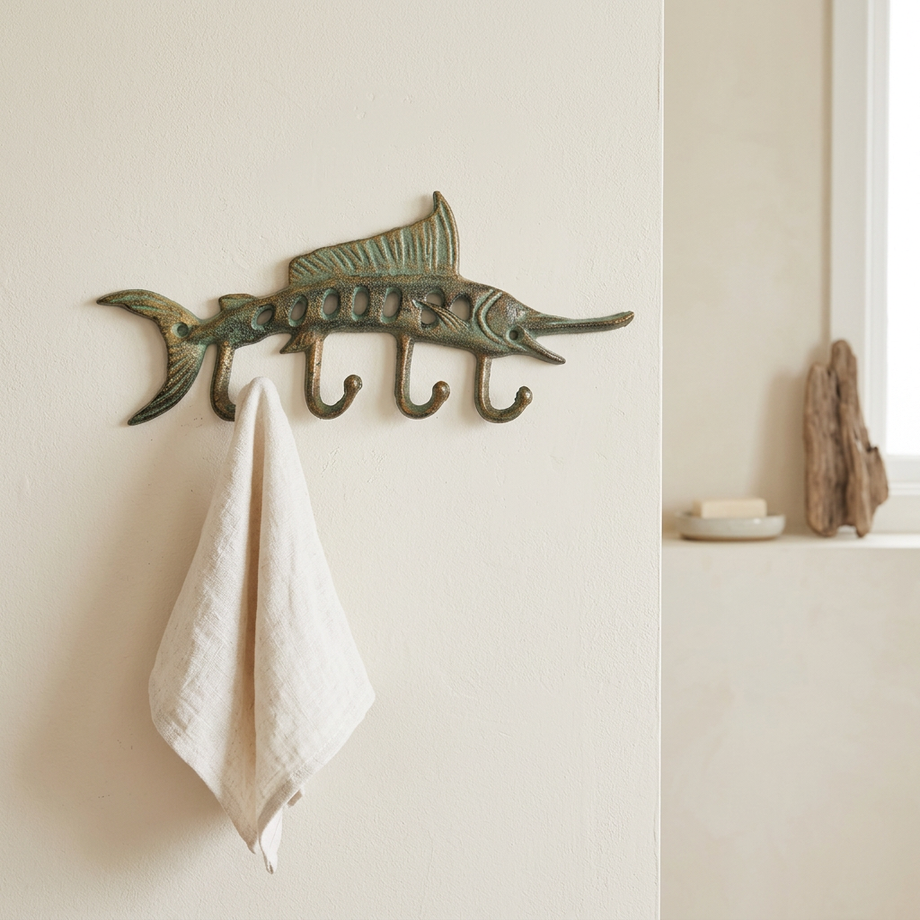 Swordfish hooks in a coastal bathroom