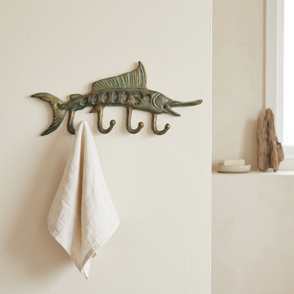 Swordfish hooks in a coastal bathroom