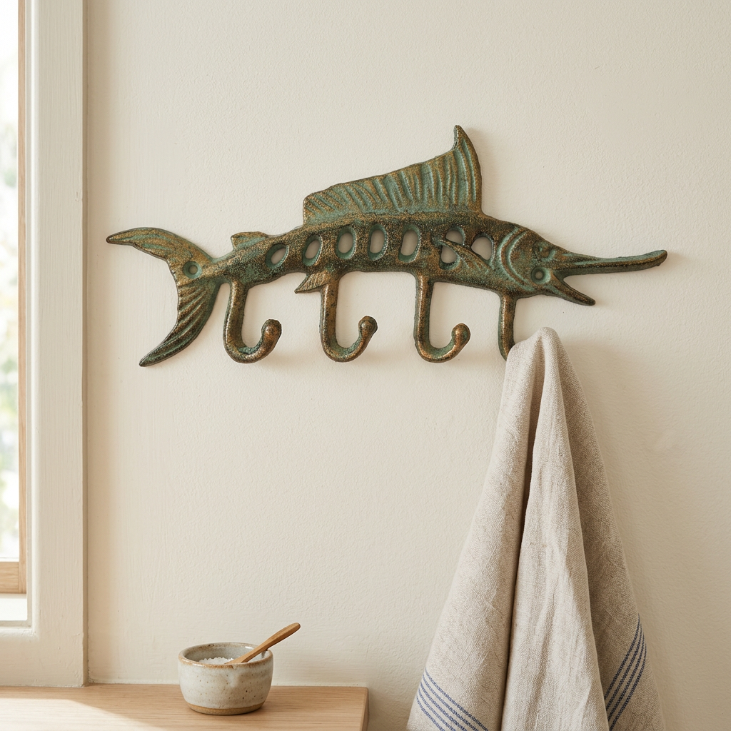 Swordfish hooks in a coastal kitchen
