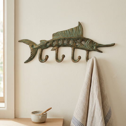 Swordfish hooks in a coastal kitchen