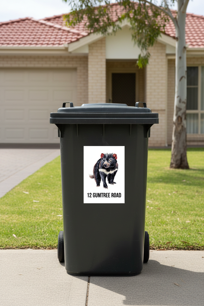 Tasmanian devil personalised address sticker on a wheelie bin