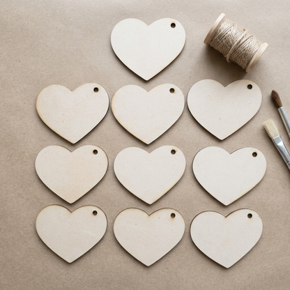 Ten raw MDF heart tags beside ribbon and brushes