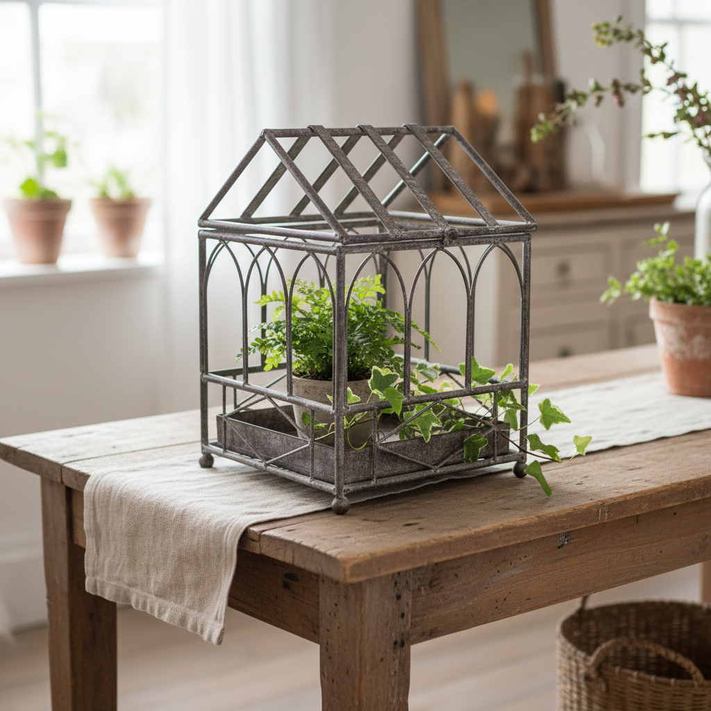 Terrarium with fern on a timber console