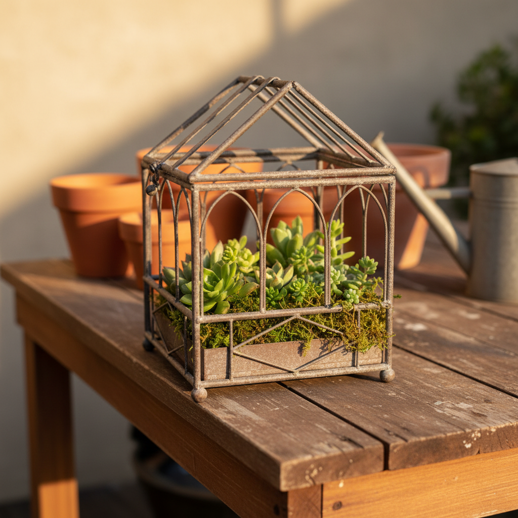 Terrarium with succulents on a potting bench