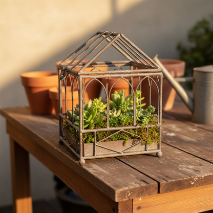 Terrarium with succulents on a potting bench