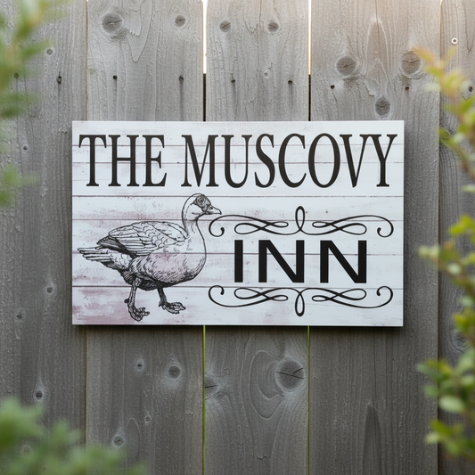 The Muscovy Inn sign on a weathered timber fence