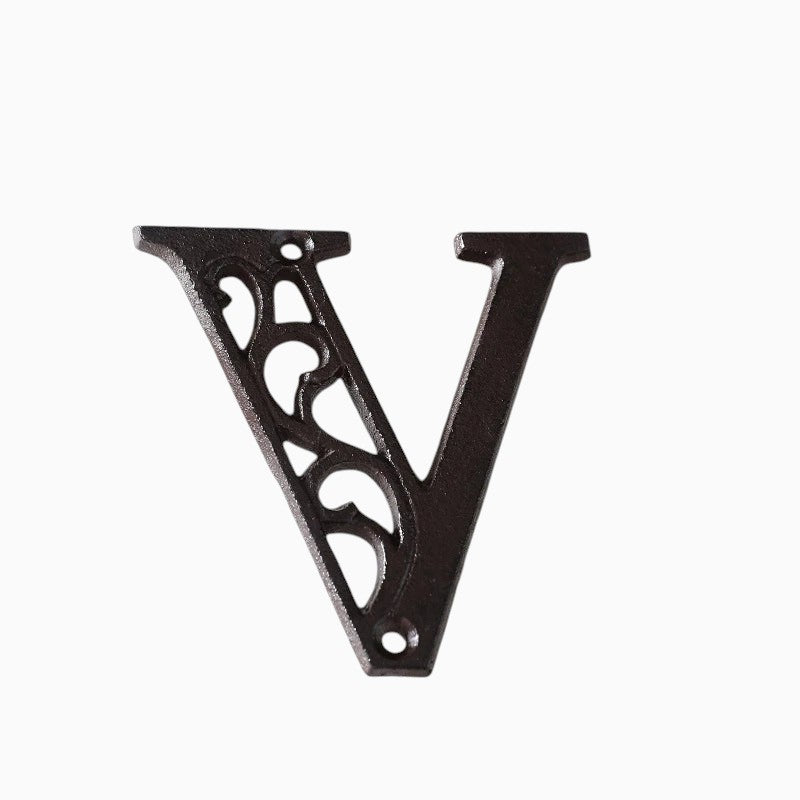 The Renmy Store Homewares & Gifts black cast iron letter V with a decorative hollowed-out European retro design.
