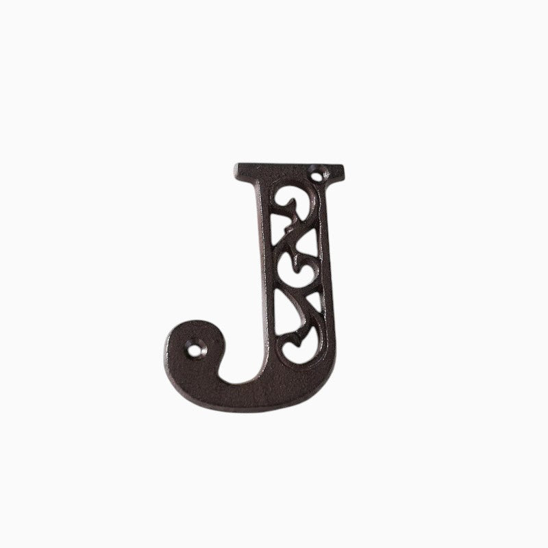 The Renmy Store Homewares & Gifts black cast iron letter J with a vintage hollowed-out 3D design for home signage.