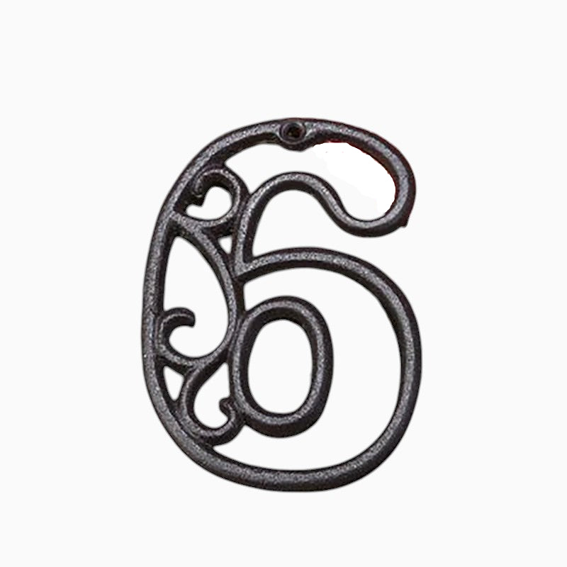 The Renmy Store Homewares & Gifts black lacquered cast iron number 6 with a vintage hollowed-out 3D scroll design.