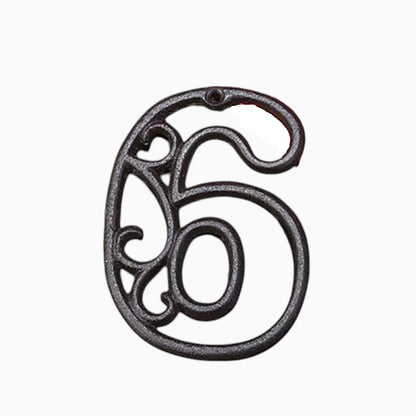 The Renmy Store Homewares & Gifts black lacquered cast iron number 6 with a vintage hollowed-out 3D scroll design.
