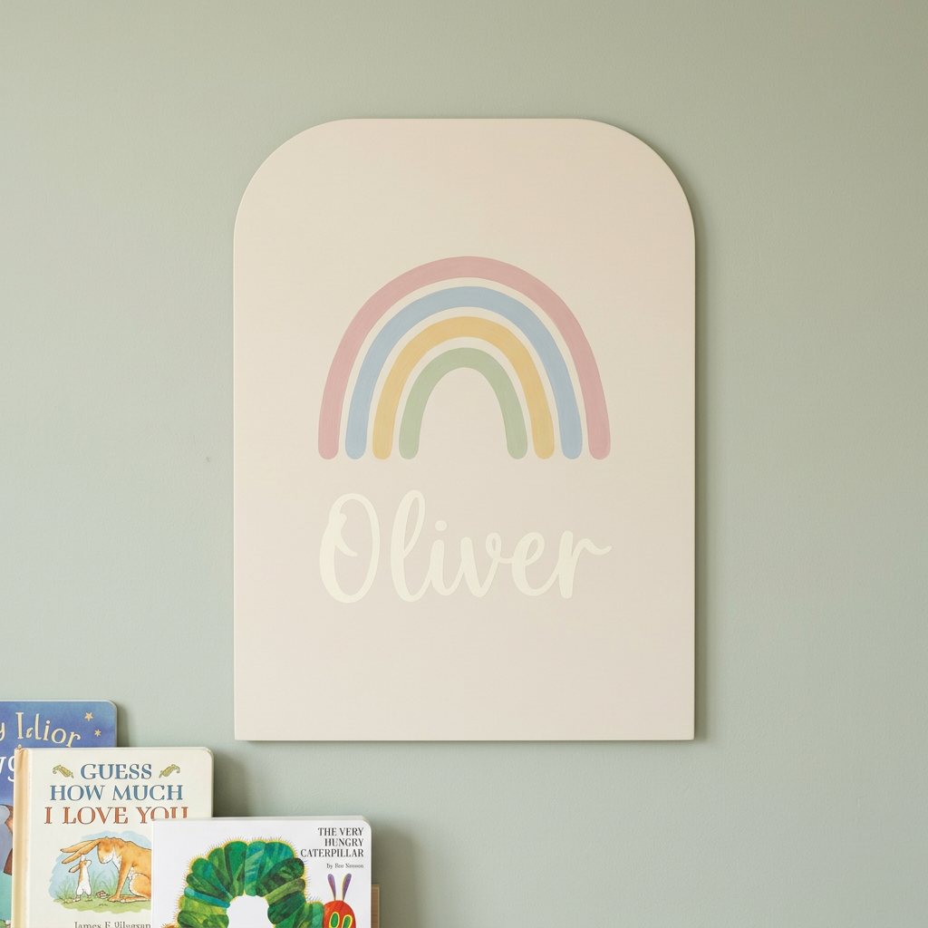 Thin MDF panel with a nursery rainbow and name