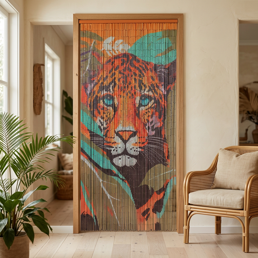 Tiger bamboo curtain in a tropical-inspired home doorway