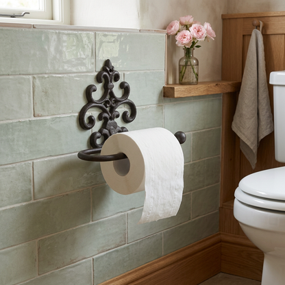 Toilet roll holder in a sage-tiled cottage bathroom with roses