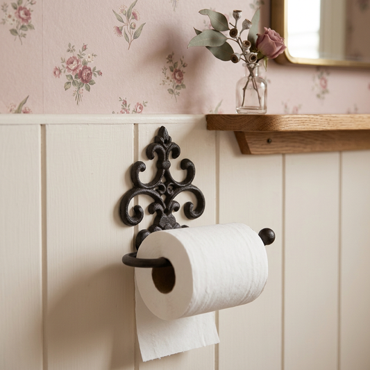Toilet roll holder with dusty-rose floral wallpaper and warm timber accents