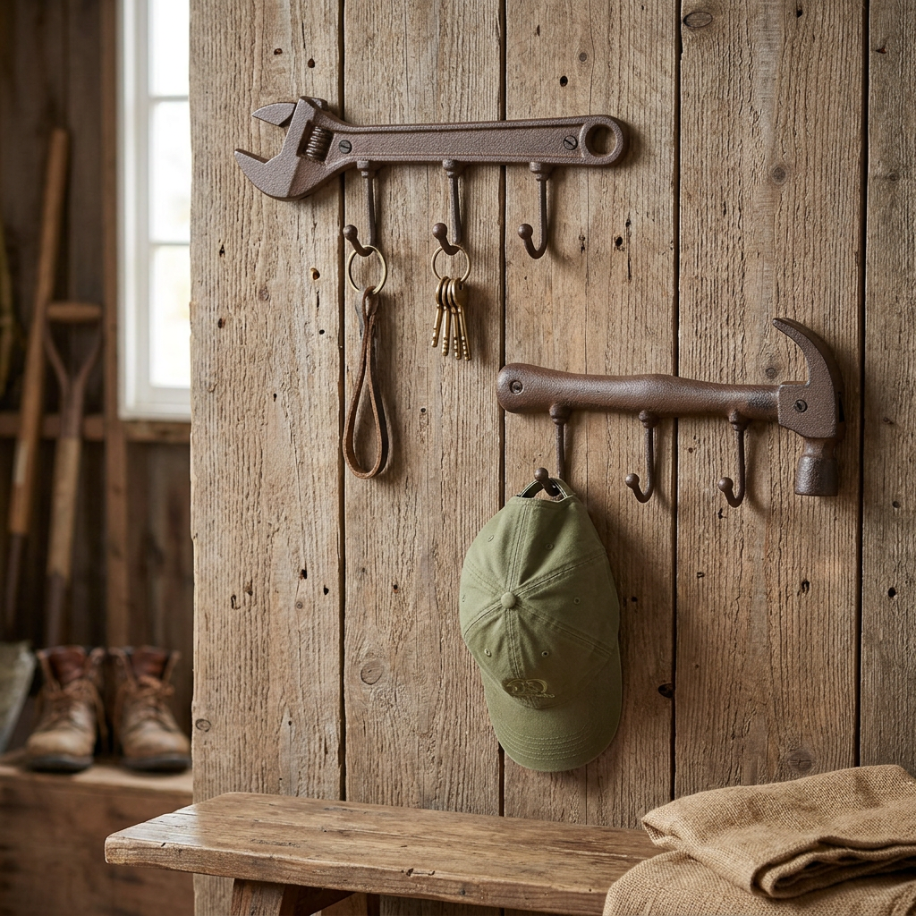 Tool-shaped hook racks in a rustic mudroom