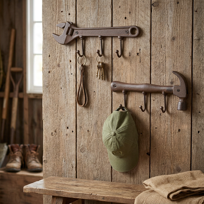 Tool-shaped hook racks in a rustic mudroom