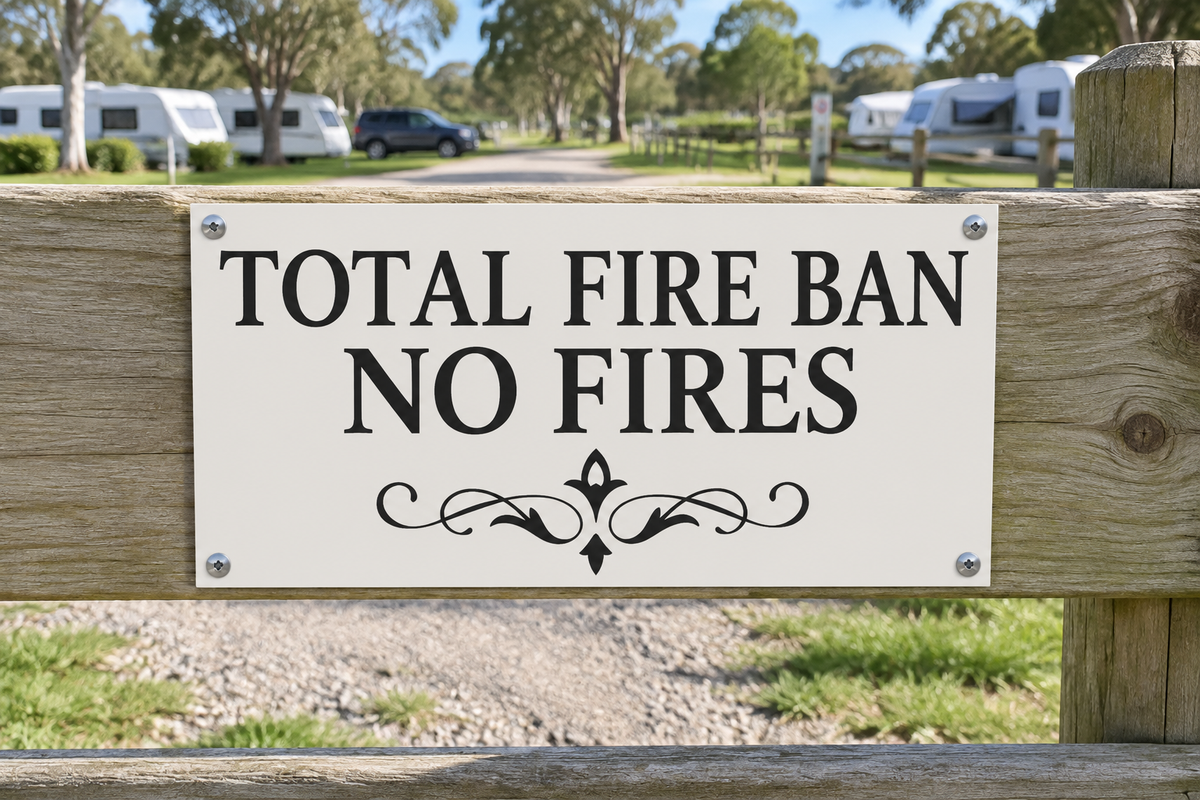 Total Fire Ban NO Fires — properly mounted on fence