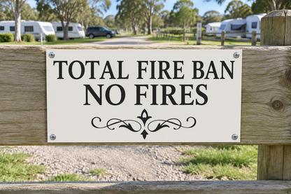 Total Fire Ban NO Fires — properly mounted on fence