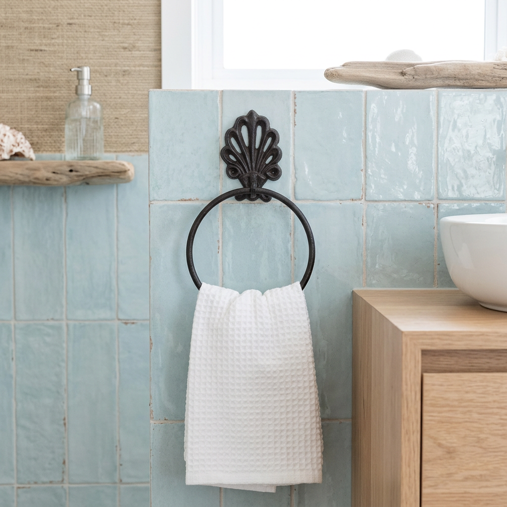 Towel ring in a coastal-blue tiled beach-house bathroom