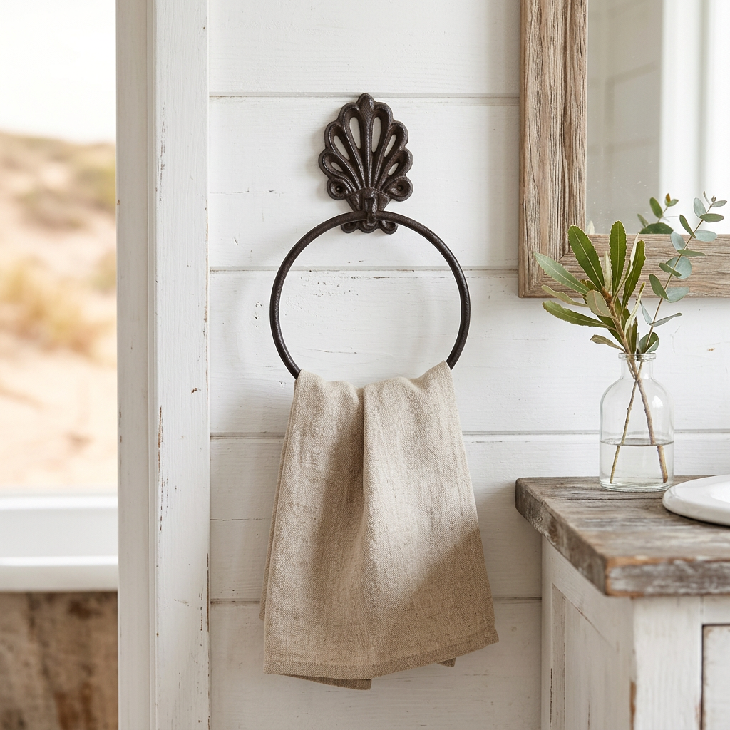Towel ring with white shiplap and natural coastal timber