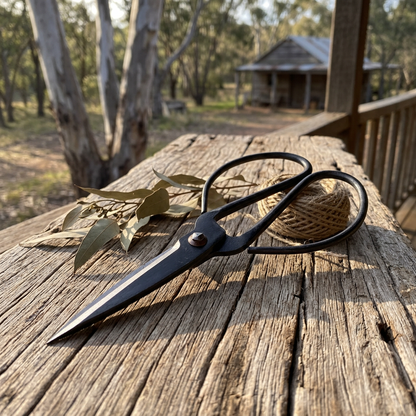 Traditional iron scissors in a rustic Australian bush setting