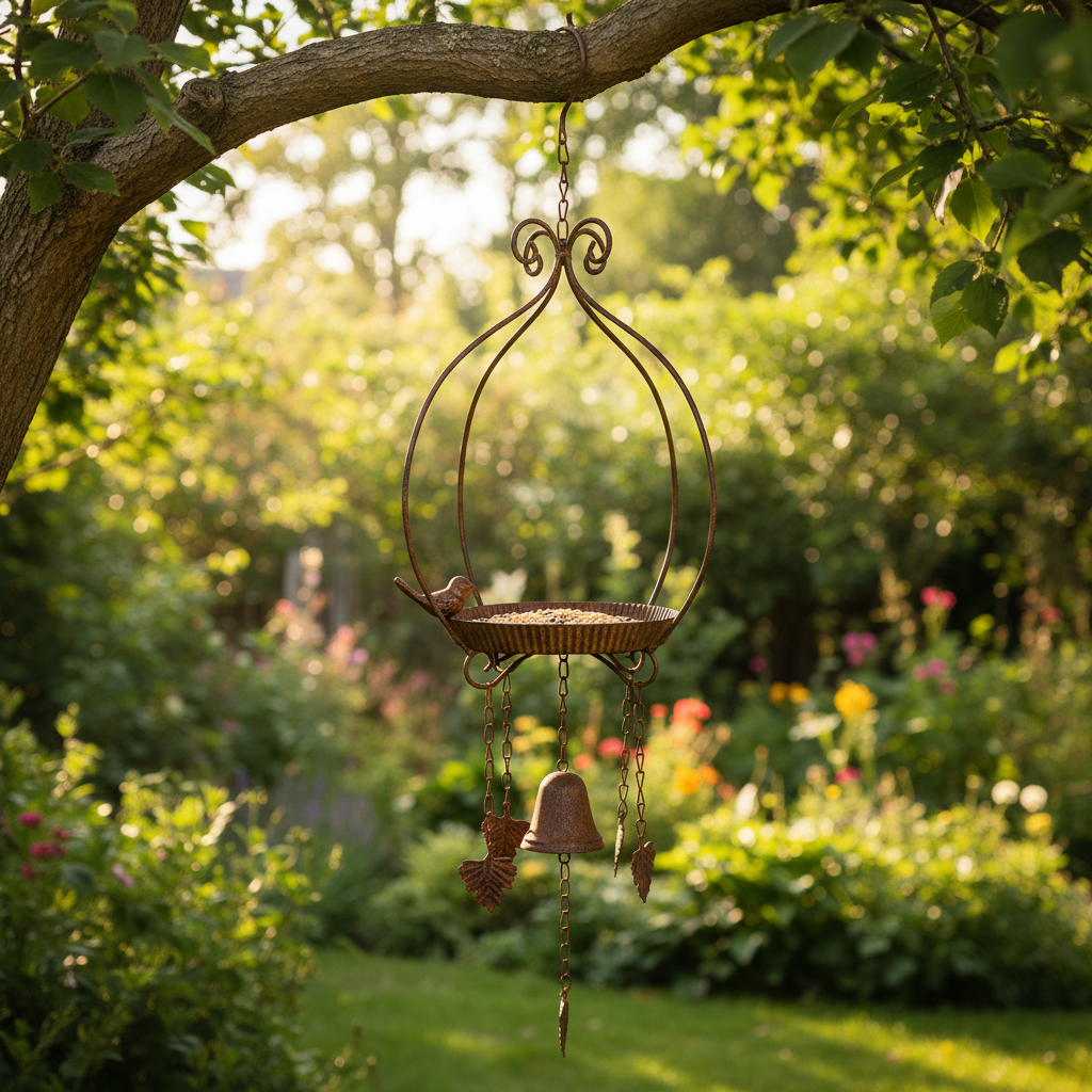 Tray feeder hanging from a tree branch