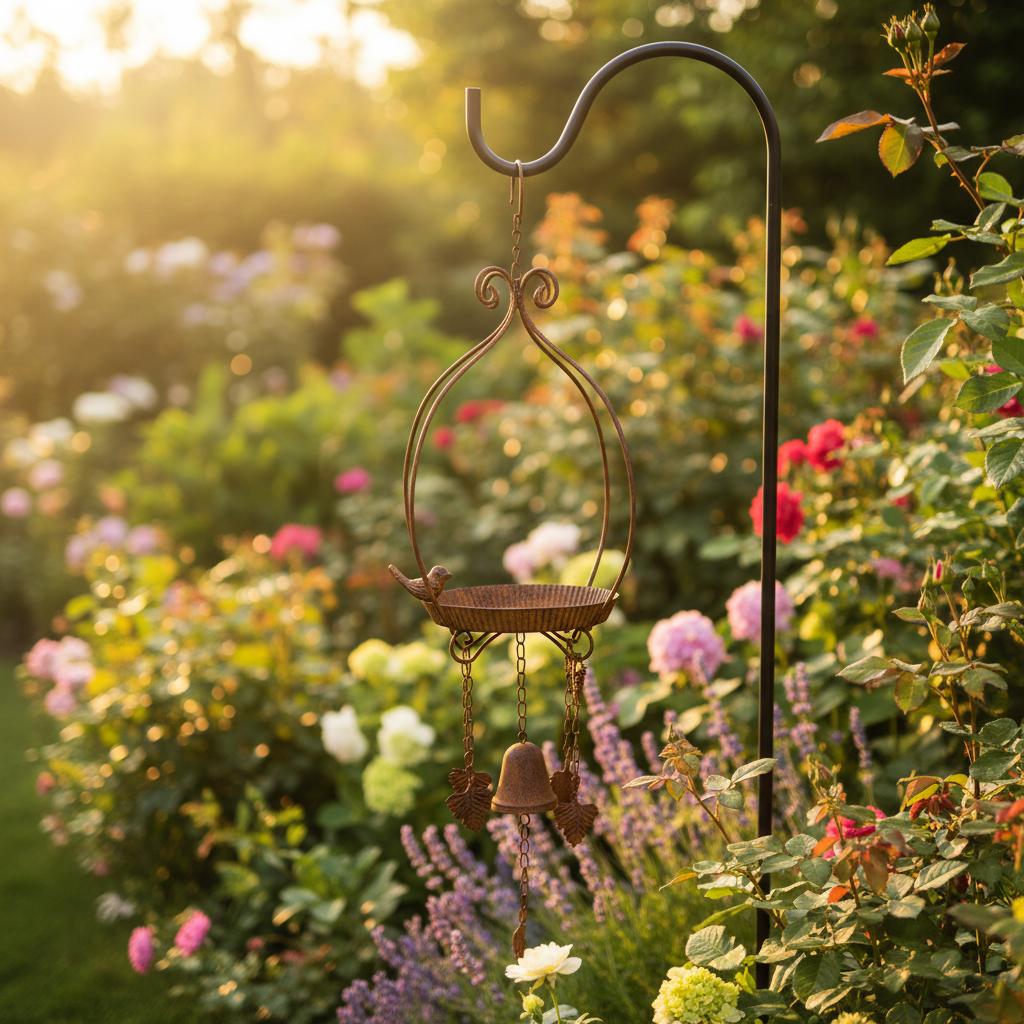 Tray feeder on a shepherd hook in a cottage garden